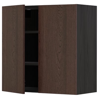 METOD Wall cabinet with shelves/2 doors, black/Sinarp brown, 80x80 cm