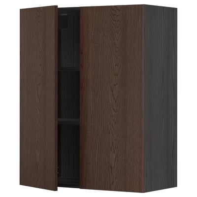 METOD Wall cabinet with shelves/2 doors, black/Sinarp brown, 80x100 cm