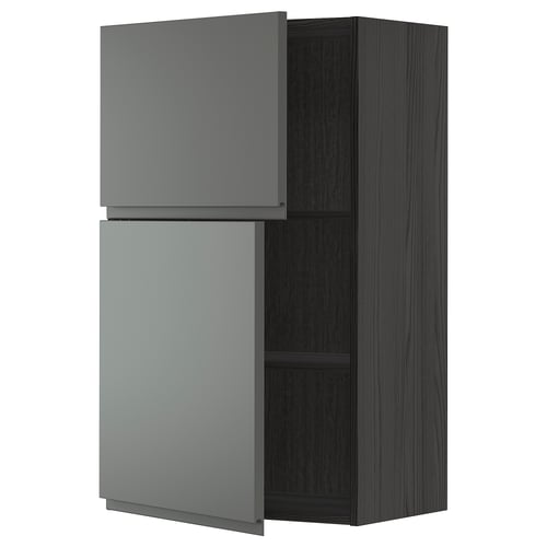 Modern grey kitchen cabinet with dark wood finish and integrated handles.