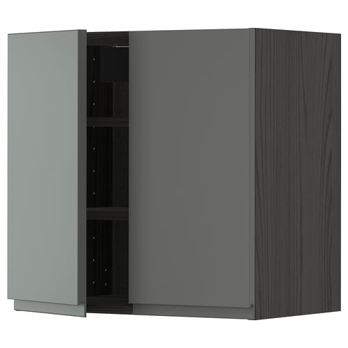Modern grey kitchen cabinet, sleek design, metallic finish, wide and tall shape with one open door revealing black shelves.