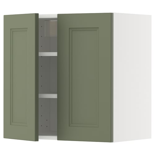 Green kitchen cabinet, open, rectangular shape, wall-mounted.