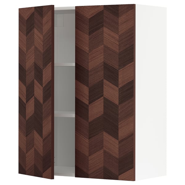 METOD kitchen cabinet with herringbone-patterned brown wooden doors, adjustable shelves, and 25-year guarantee.
