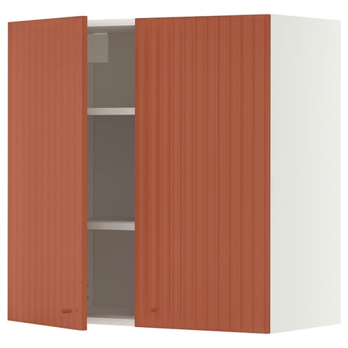 METOD Wall cabinet with shelves/2 doors, white/Terrsjö red-brown wave pattern, 80x80 cm