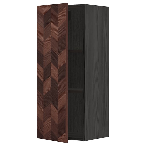 METOD kitchen unit, dark wood herringbone pattern, tall and narrow, with one adjustable shelf.