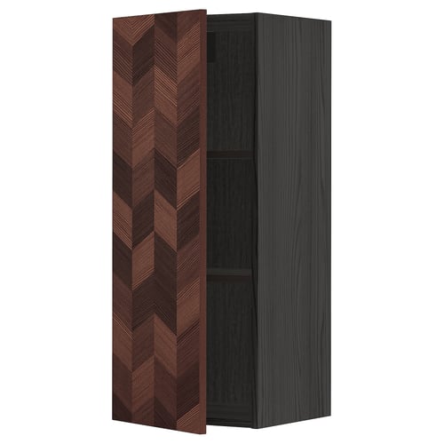 METOD kitchen unit, dark wood herringbone pattern, tall and narrow, with one adjustable shelf.