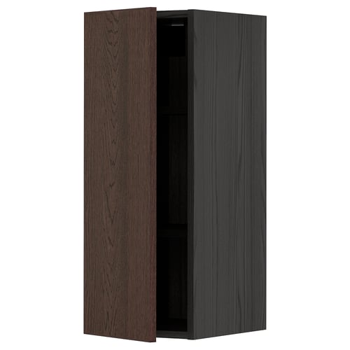 Dark brown wooden kitchen cabinet, rectangular with wooden grain texture.