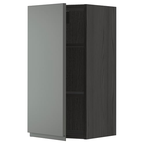 Modern kitchen cabinet, grey, wood, rectangular, minimalist design with open door revealing shelf.