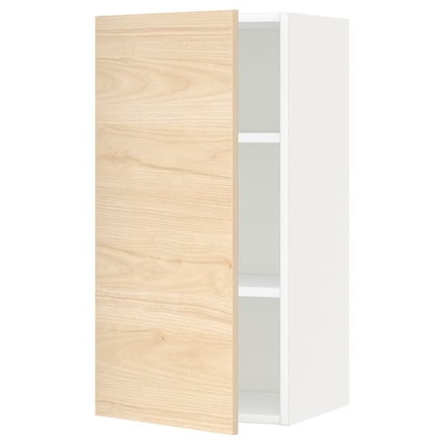 METOD kitchen cabinet with ash-patterned door, white, single adjustable shelf.