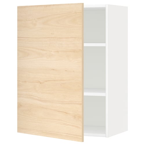 A white ikea METOD kitchen wall cabinet with a light ash wooden door, featuring a minimalist design and adjustable shelf inside.