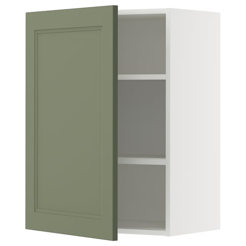 Open wall cabinet from METOD system, white with gray-green door, rectangular, two shelves, modern design.