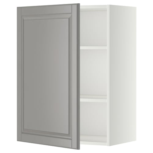 Modern grey kitchen cabinet with white shelves.