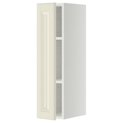 A white METOD kitchen cabinet with off-white bevelled edges. Its a tall, rectangular storage unit with two visible shelves inside.