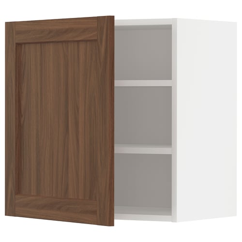 Dark walnut ikea METOD cabinet with 2 shelves, white interior.