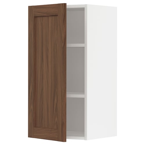 Walnut-colored kitchen cabinet, slim design, single door open.