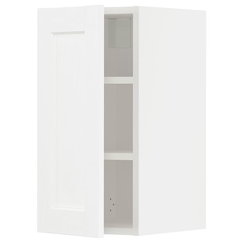A white METOD kitchen cabinet with a minimalist design, featuring adjustable shelves and dimensions suitable for a modern kitchen setup.