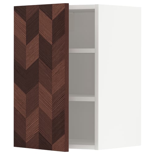 IKEA METOD kitchen cabinet with dark wood herringbone door, white frame, adjustable shelves.