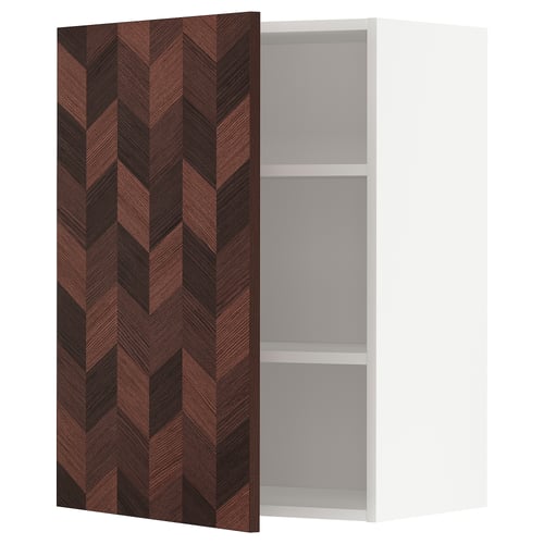 Open METOD wall cabinet with dark brown, chevron-patterned wood door, white interior, two shelves.