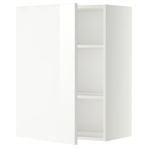 White METOD corner kitchen unit with glossy doors and shelves.