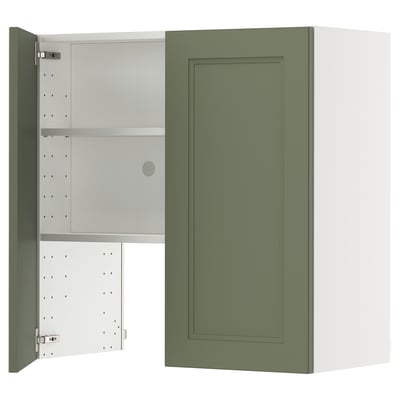 METOD Wall cb f extr hood w shlf/door, white/Axstad grey-green, 80x80 cm