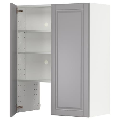 Grey kitchen cabinet with door open, revealing adjustable shelves. Made of fiberboard with a painted finish. Traditional style with bevelled edges.