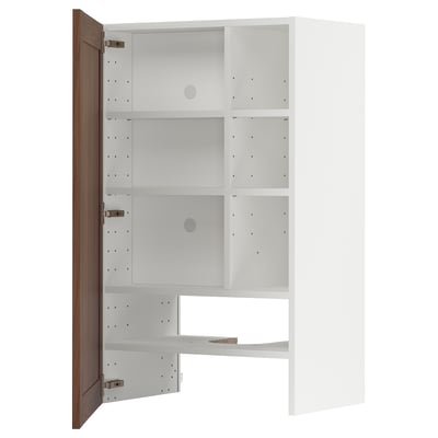 METOD Wall cb f extr hood w shlf/door, white Enköping/brown walnut effect, 60x100 cm
