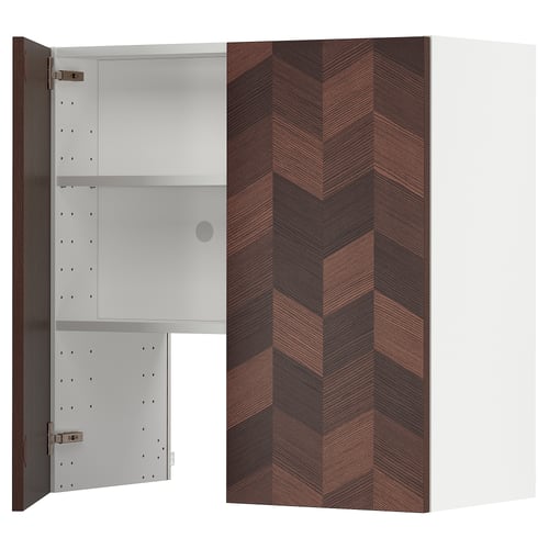 Modern wall cabinet with white, wood-patterned door, open showing shelves. Sturdy, practical kitchen storage.