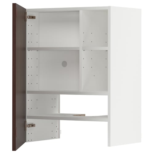 White METOD kitchen cabinet with shelves, adjustable, hinged door open.