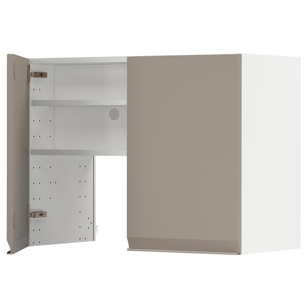 METOD Wall cb f extr hood w shlf/door, white/Upplöv matt dark beige, 80x60 cm