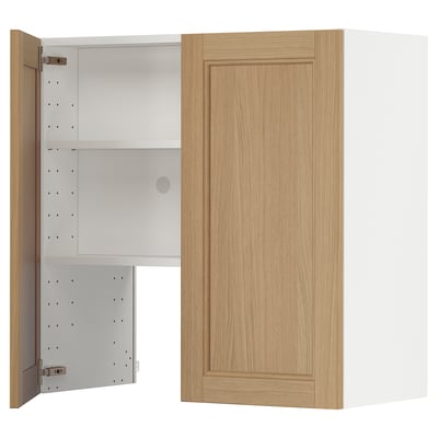 METOD Wall cb f extr hood w shlf/door, white/Vedhamn oak, 80x80 cm