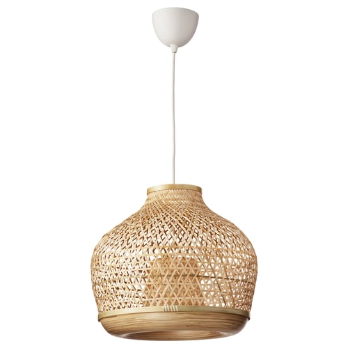 MISTERHULT bamboo pendant lamp, natural tones, geometric patterns, white cord