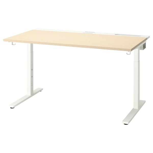 MITTZON desk, light wooden top, white legs, adjustable height, rectangular shape, minimalist design, sleek and modern.