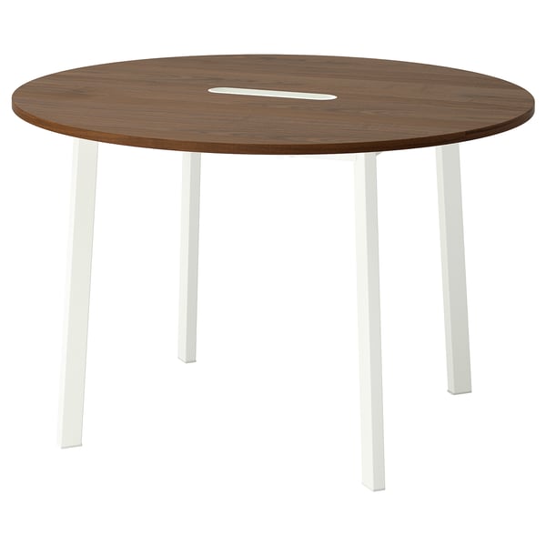 MITTZON round table. Dark walnut top, white legs. Stain-resistant, wipes clean.