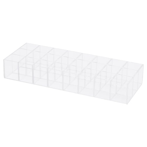 A MOJAN lipstick organiser, clear acrylic plastic, with 24 compartments, rectangular shape, transparent design.