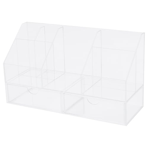 A clear, rectangular MOJAN acrylic plastic storage unit with multiple compartments and two drawers for organising makeup and jewellery.