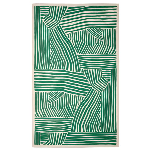 The NÄBBFISK tablecloth is green, rectangular, and a playful, wavy pattern. Made of 100% cotton, it adds a summery vibe.
