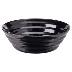 Black, round, glass bowl with a glossy, wavy design.