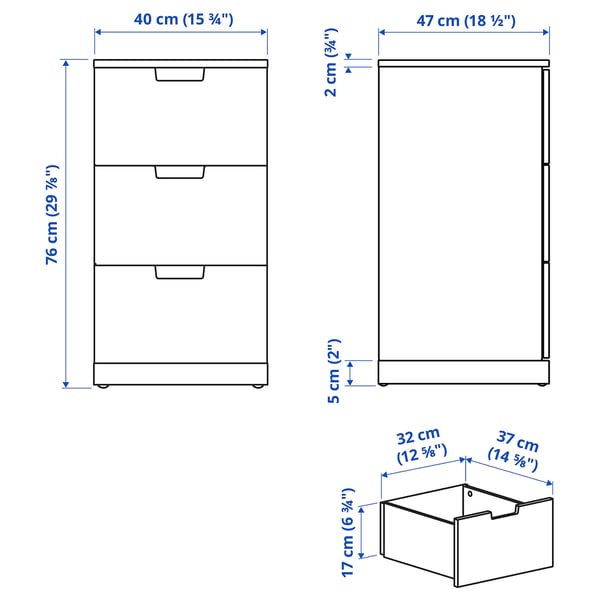 NORDLI Chest of 3 drawers, white, 40x76 cm