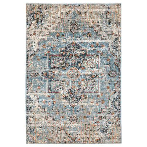 OVERLUND rug, blue and beige, rectangular, faded oriental design.