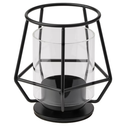 A PÄRLBAND black lantern-style candle holder with a geometric metal design and clear glass centre.