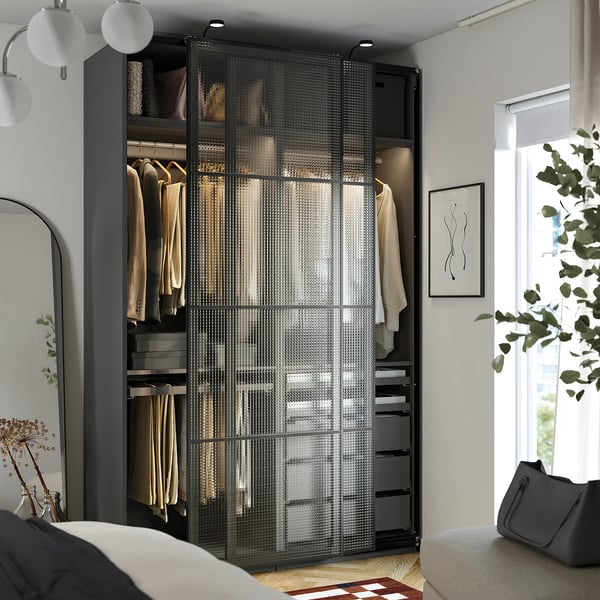 PAX / LUNDBRÄSMA Wardrobe with sliding doors, dark grey black/checkered glass, 150x66x236 cm