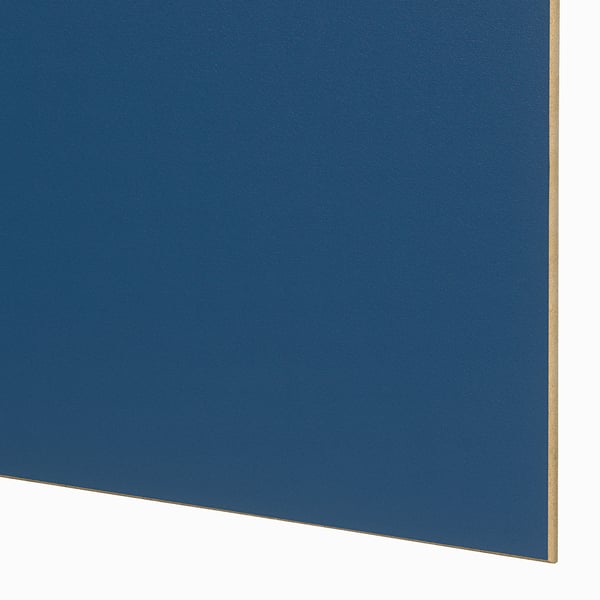 Deep blue PAX wardrobe panel, smooth finish, high-quality texture, visible wooden edge.