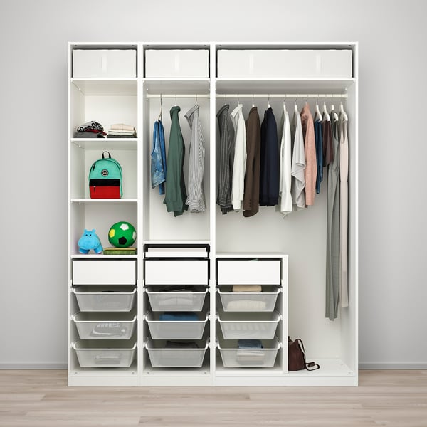 Organised childrens wardrobe with shelves, hangers, and mesh drawers for clothes and toys.