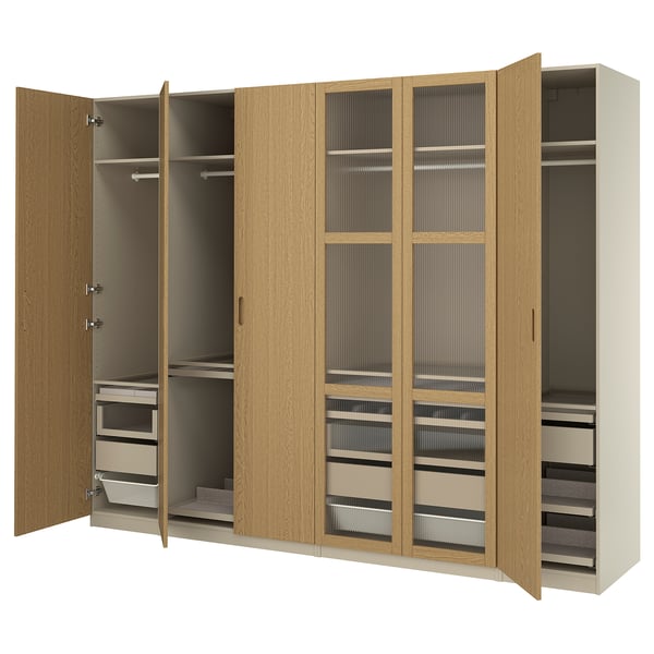 PAX / TONSTAD Wardrobe combination, grey-beige/oak veneer, 300x60x236 cm