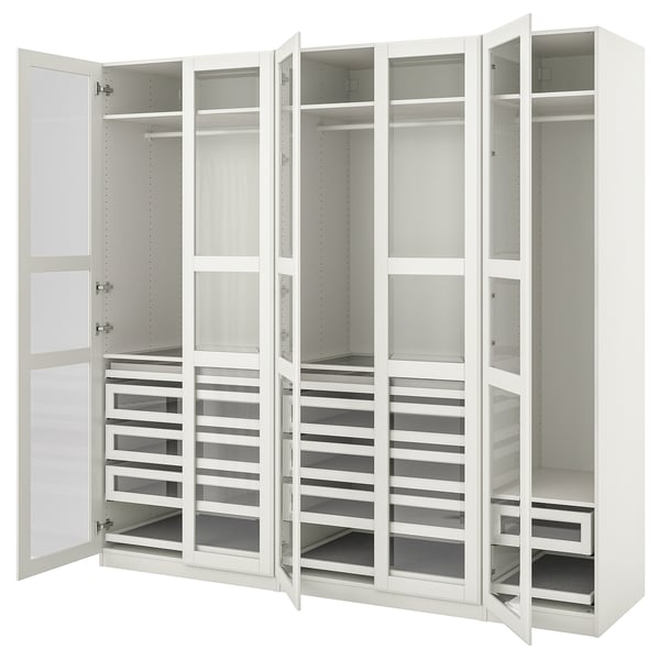 PAX / TYSSEDAL Wardrobe combination, white/white glass, 250x60x236 cm