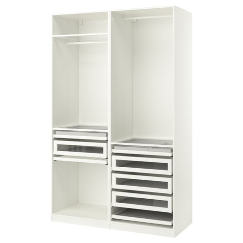 White ikea PAX wardrobe; tall, rectangular, open design with glass drawer fronts.