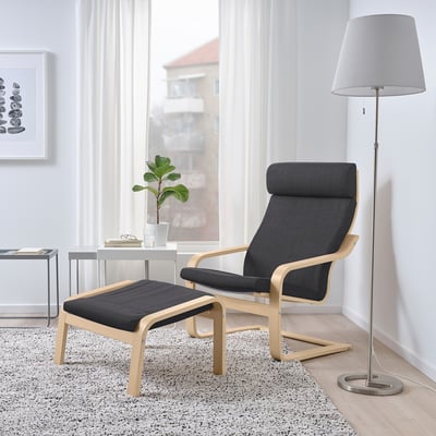 Modern living room: POÄNG chair, footstool, plant, lamp, art, window.