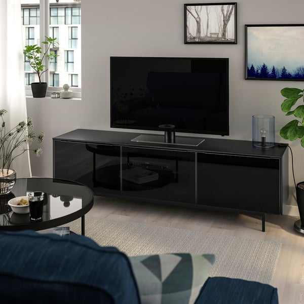RANNÄS TV bench with doors, black/black glass, 178x42 cm