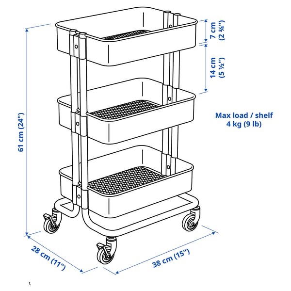 RÅSKOG Trolley, grey-blue, 28x38x61 cm