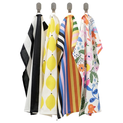 Four colourful tea towels: striped, lemon, rainbow, floral, cotton.