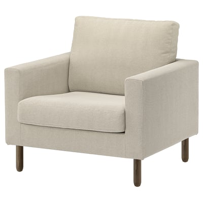 SALTSJÖBADEN armchair in beige, upholstered in polyester-cotton blend, featuring square shape with wooden legs.